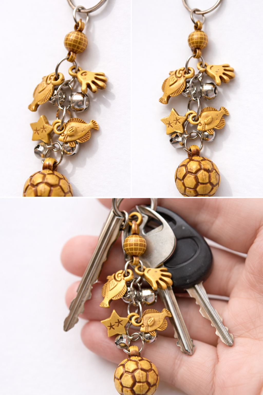 Stylish golden charm keychain featuring a mini soccer ball, fish, star, hand (Pack of 3)