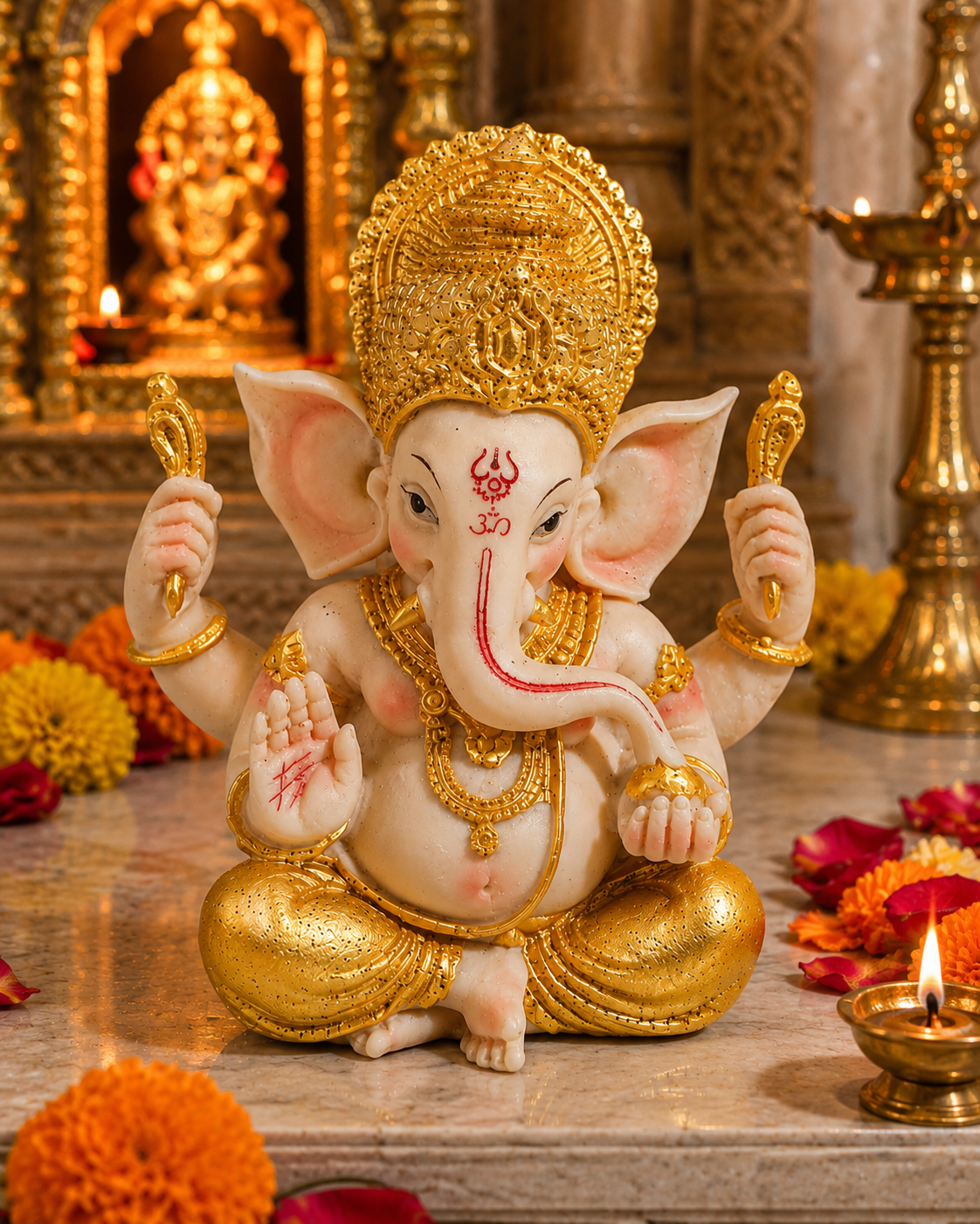Premium Lord Ganesha Idol for Home Temple | Golden Finish Decorative Ganpati Murti (Big Size)