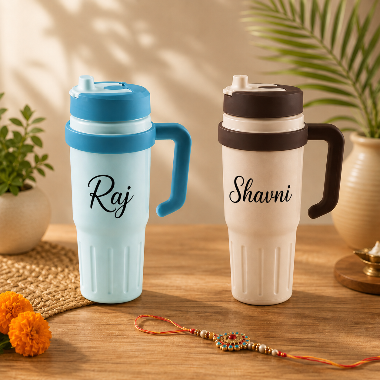 Personalized Insulated Travel Tumbler with Handle – Custom Name Printed Coffee & Water Tumbler