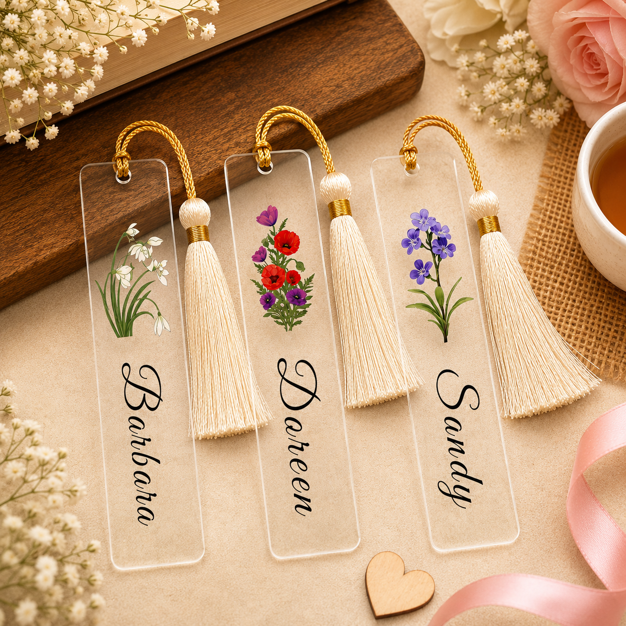 Personalized Acrylic Bookmark with Name & Birth Month Flower – Custom Book Page Holder with Tassel | Gift for Book Lovers & Women