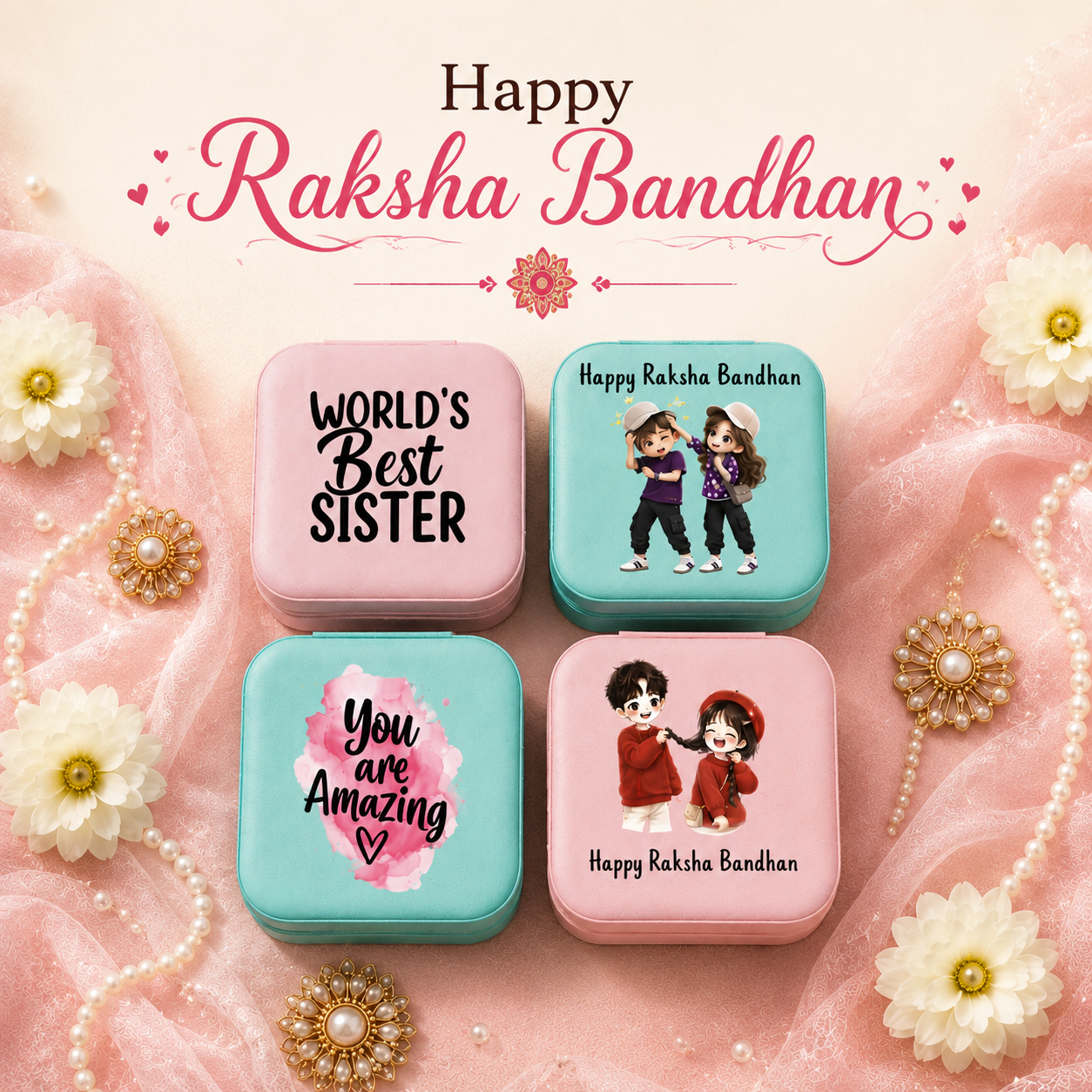 Personalized Mini Jewellery Organizer - Cute Cartoon Design with Message | Rakshabandhan Gift for Sister