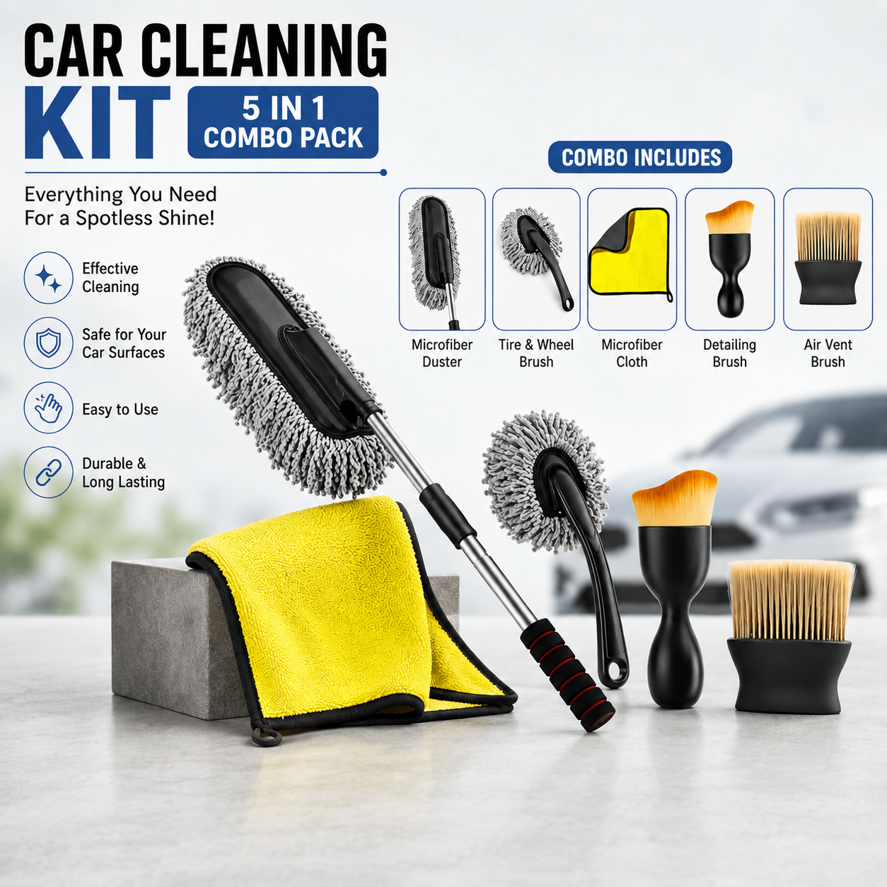 5 PCS Microfiber Car Duster Kit Interior & Exterior Car Cleaning Detailing Tool Scratch & Lint Free, Pollen Removing Extendable Long Handle Duster for Car & Motorcycle car (Duster Kit)