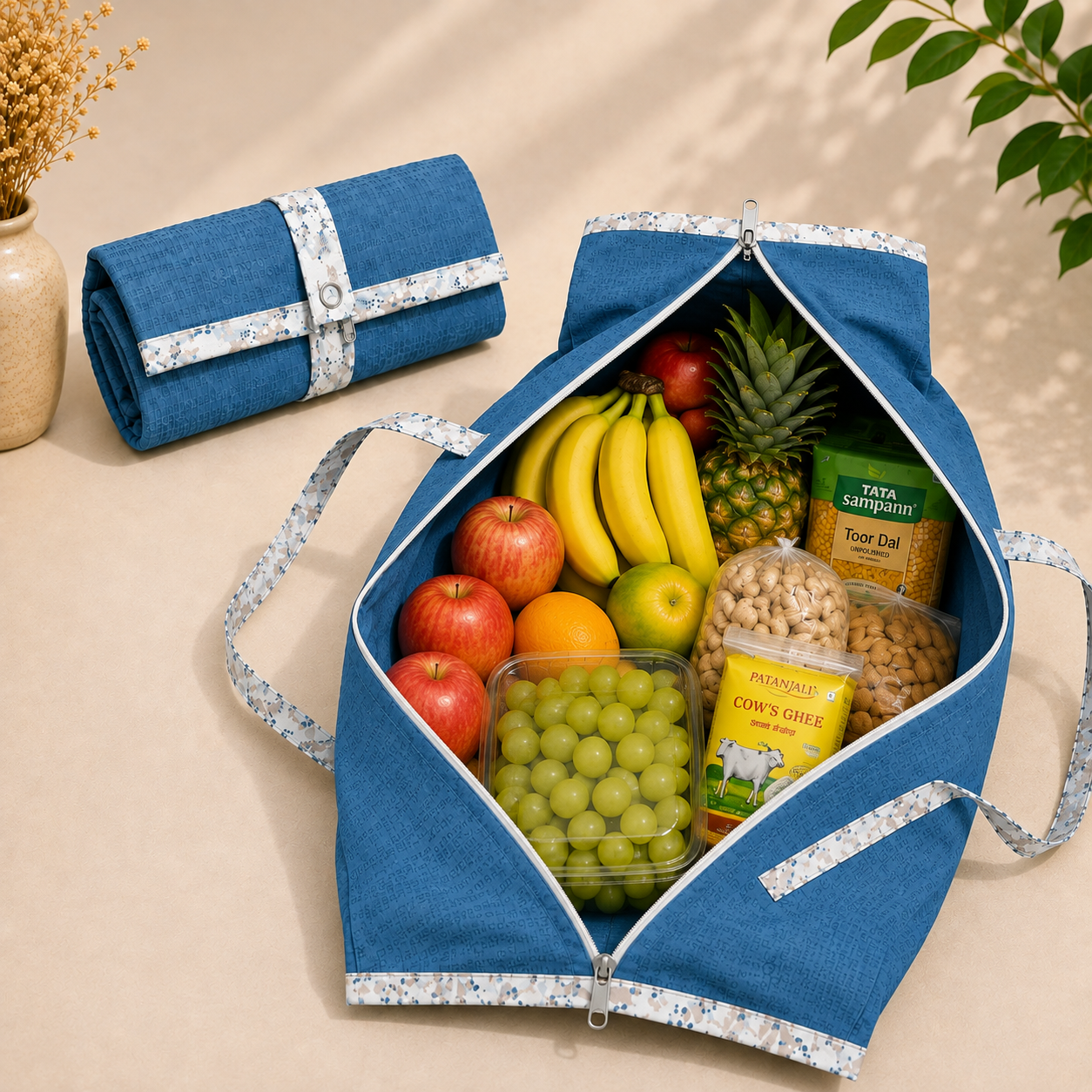 Multipurpose Foldable Cotton Storage Bag with Zipper & Handles | Spacious Organizer Bag for Clothes, Laundry & Household Items (Random Print)