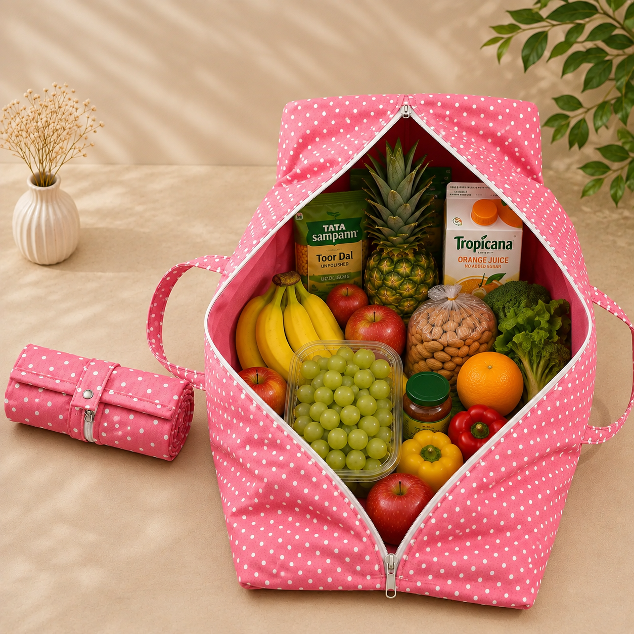 Multipurpose Foldable Cotton Storage Bag with Zipper & Handles | Spacious Organizer Bag for Clothes, Laundry & Household Items (Random Print)