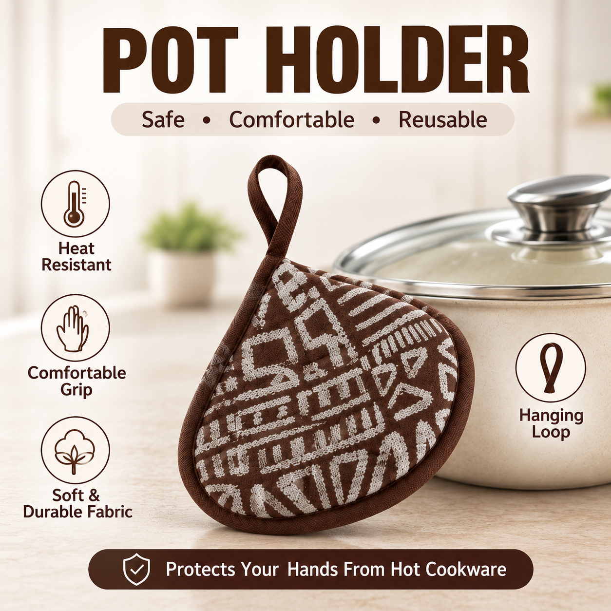 Heat Resistant Pot Holder with Hanging Loop | Kitchen Pan & Hot Utensil Handle Holder | Reusable Cotton Pot Handle Cover (Pack of 2 Set)