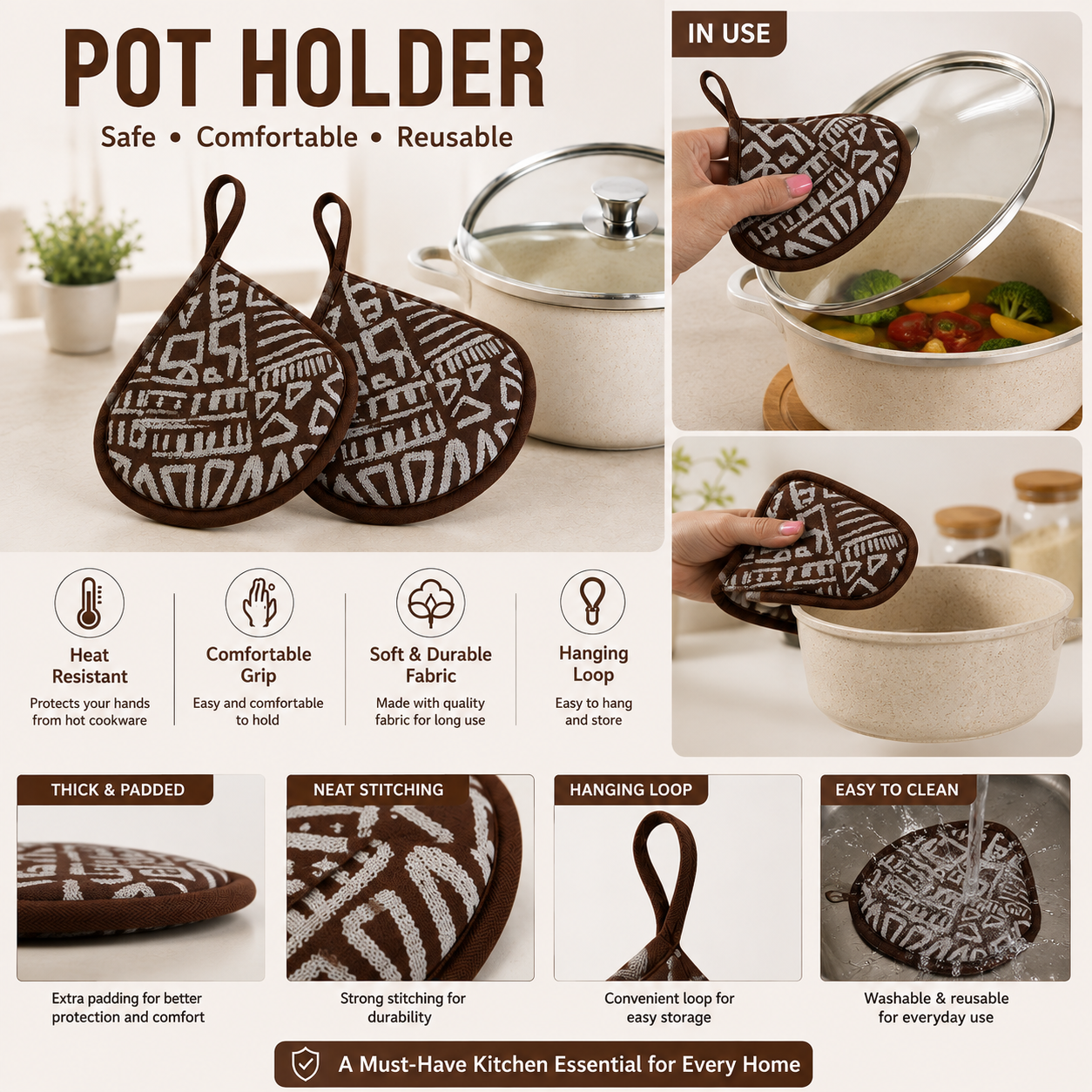 Heat Resistant Pot Holder with Hanging Loop | Kitchen Pan & Hot Utensil Handle Holder | Reusable Cotton Pot Handle Cover (Pack of 2 Set)