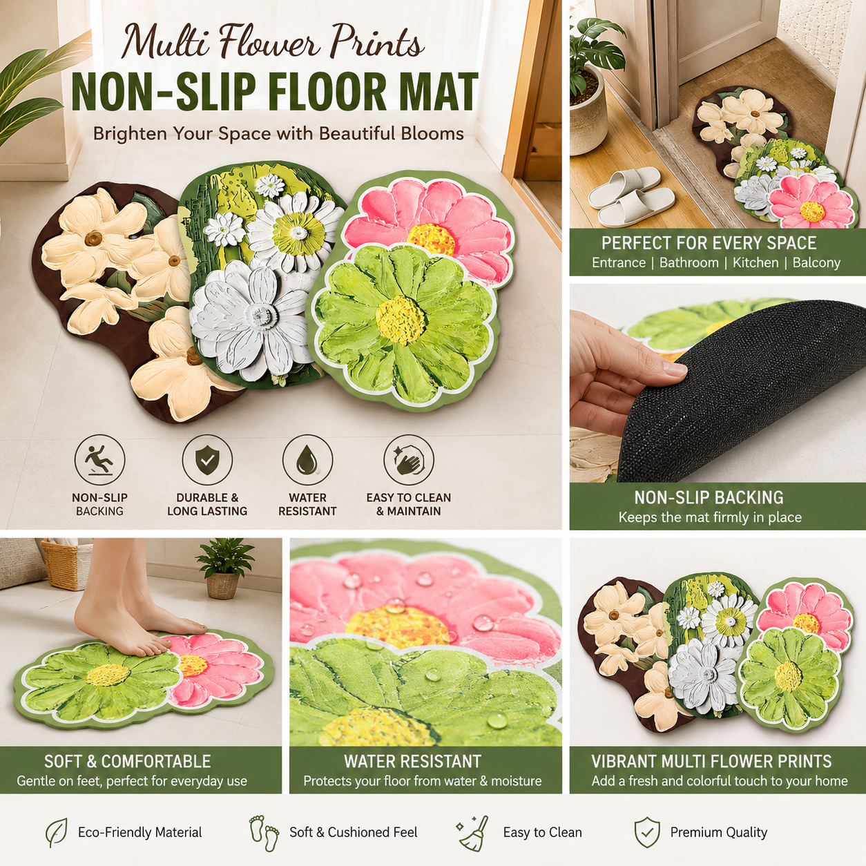 Multi Flower Prints Non-Slip Floor Mat – Random Shape & Design | Soft, Durable & Anti-Skid Home Flooring Rug(Pack of 1)