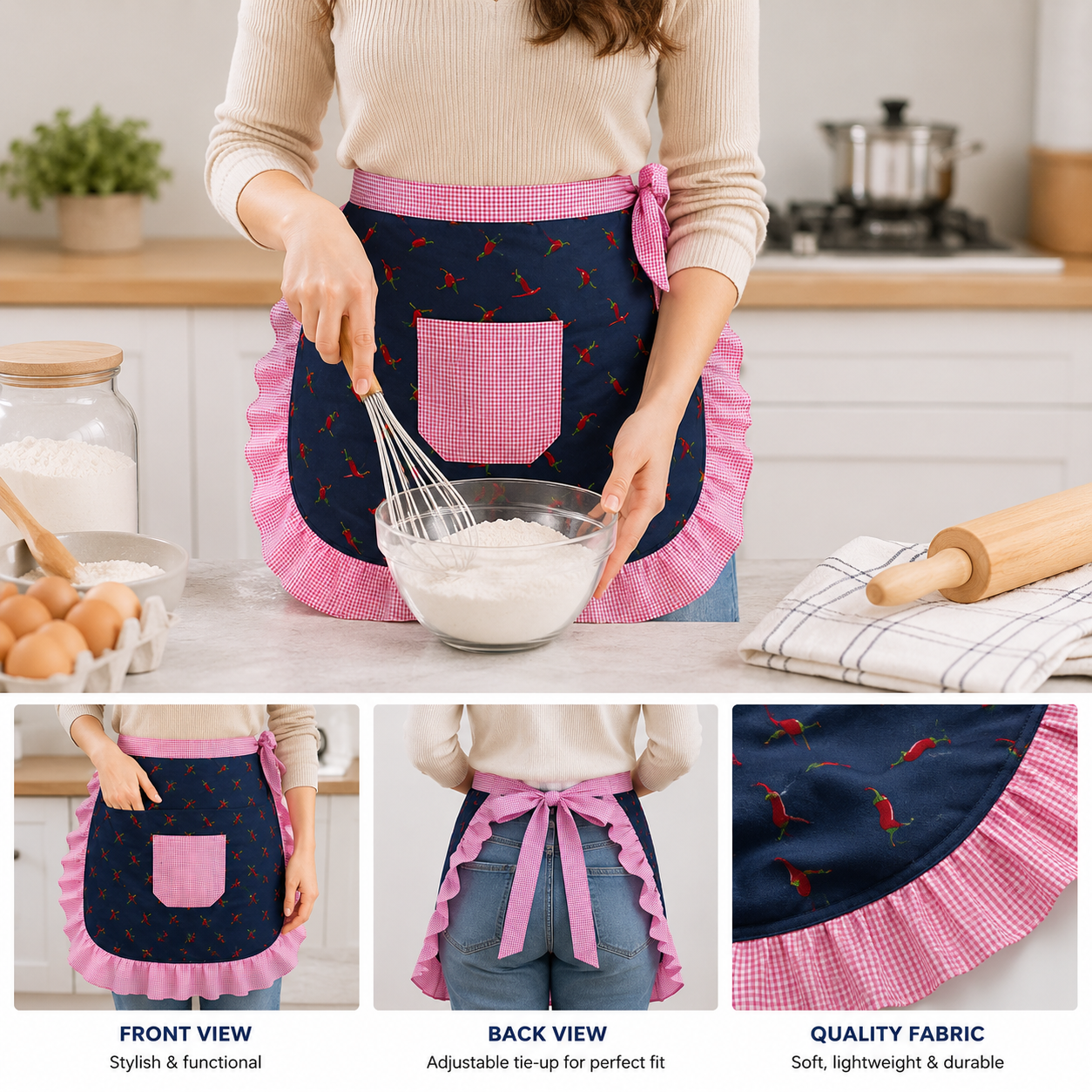 Cute Half Apron (Skirt Style) | Mini Waist Apron for Kitchen, Cooking & Cleaning | Lightweight Stylish Apron