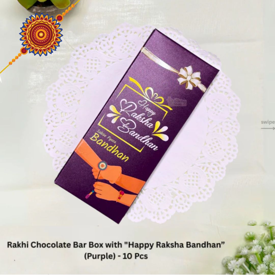 Rakhi Chocolate Bar Box – 10 Pcs Empty Gift Box with “Happy Raksha Bandhan” Message | Elegant Purple Rakhi Gift Packaging for Chocolates & Sweets