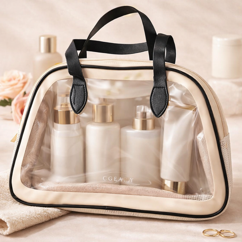 Clear Cosmetic Travel Bag – Large Capacity Waterproof PVC Makeup Organizer with Handle & Zipper(Random Color-Pack of 1)