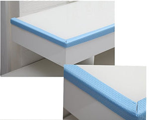 Light blue protective bumpers are applied to the sharp corners of a white table. Close-up detail included.corner protector, edge guard, safety bumper, baby proofing.