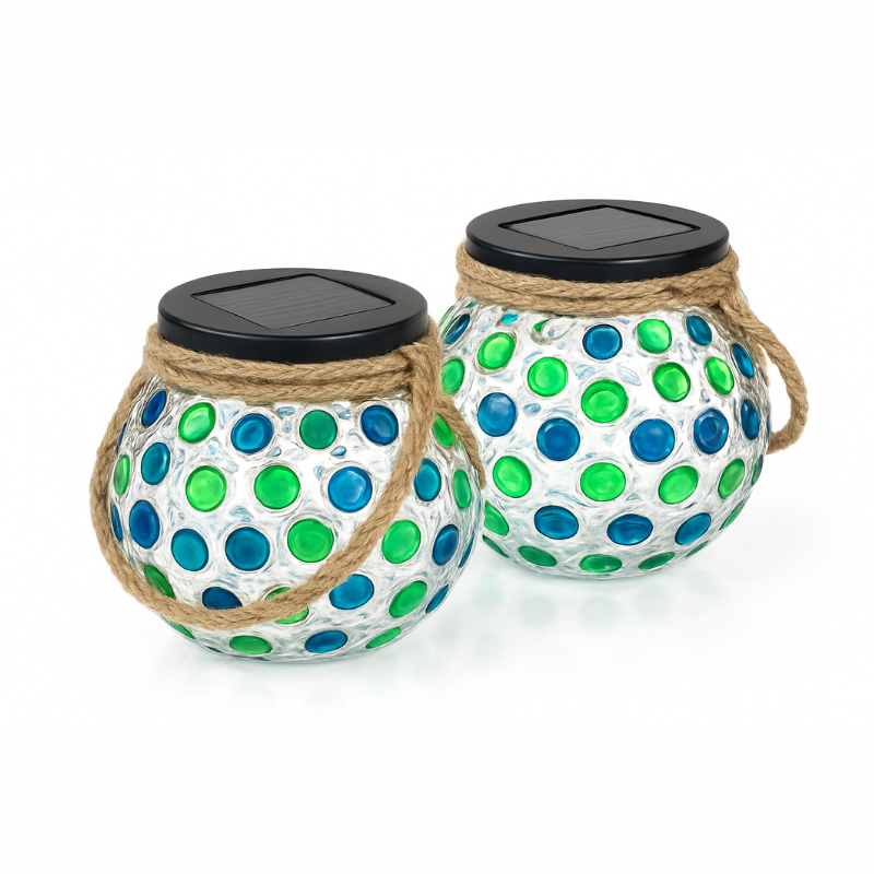 LED Solar Lanterns – Crackle Glass Ball Hanging Lights, Outdoor & Indoor Decorative Lighting (Pack of 2 Pcs )