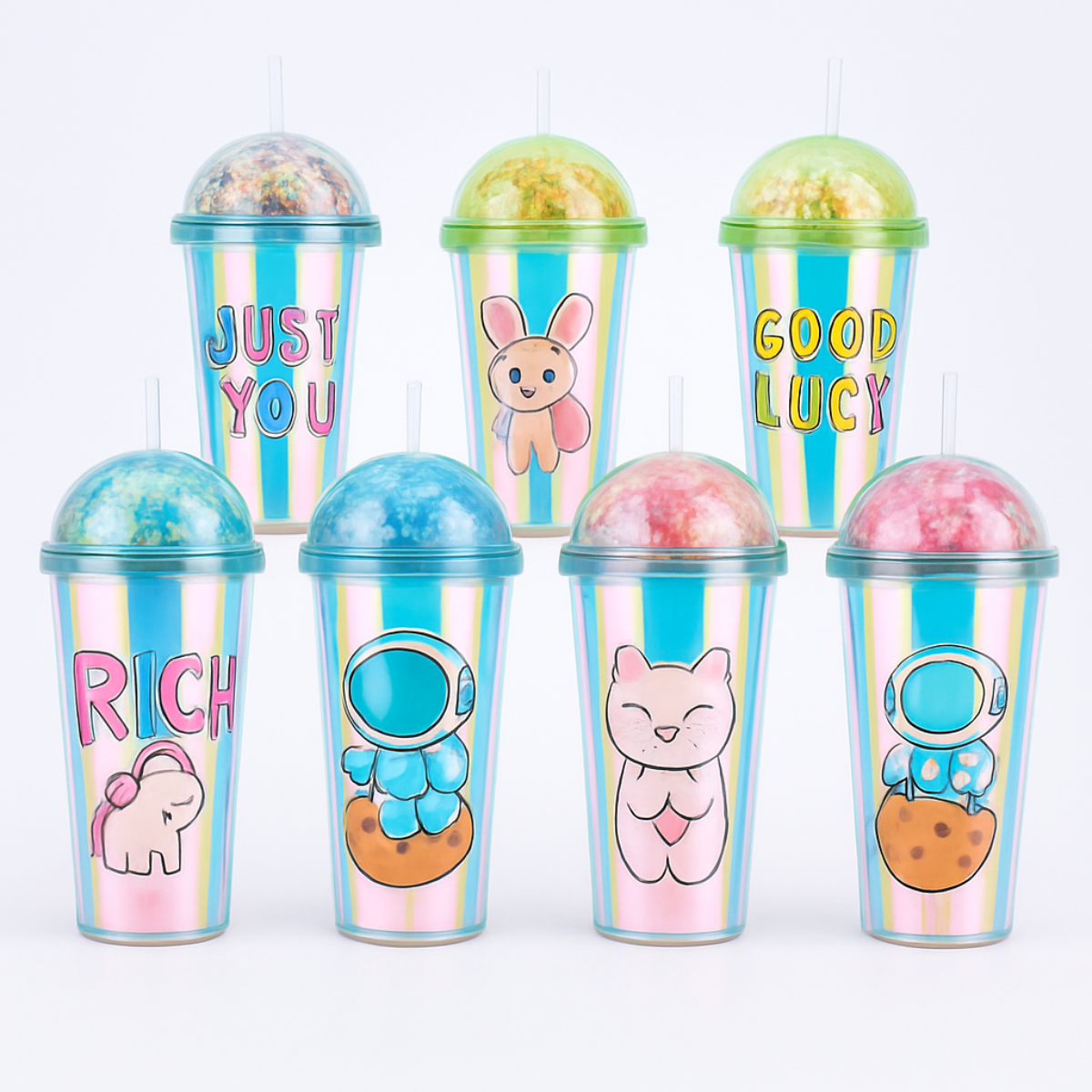 Creative Astronaut Print Plastic Cup – Double-Layer Cute Water Cup with Straw & LED Light, Portable & Fun (Random Color - Pack of 1)