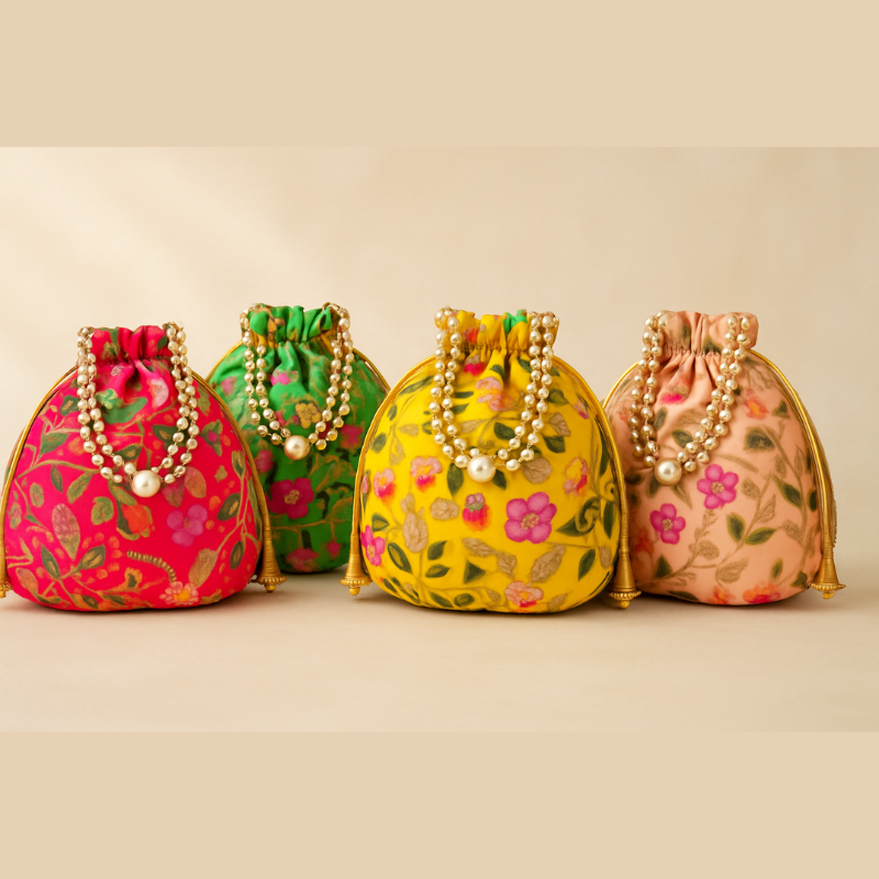 Cremon Floral Potli Bags with Beaded Handle – Raw Silk Traditional Potli Pouches for Women, Return Gifts & Party Favors(Pack of 1)