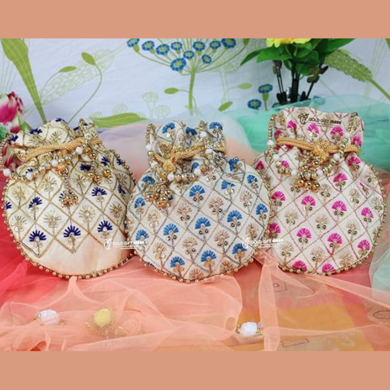 Cremon Floral Potli Bags with Beaded Handle – Raw Silk Traditional Potli Pouches for Women, Return Gifts & Party Favors