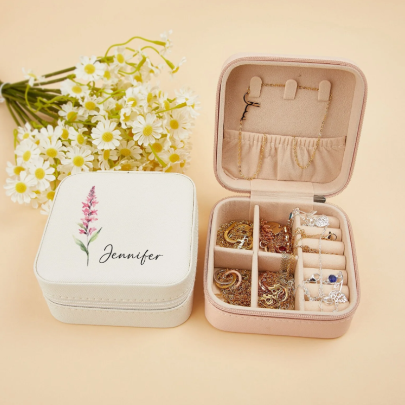 Custom Birth Flower Jewellery Box – Personalized Leather Travel Jewellery Organizer