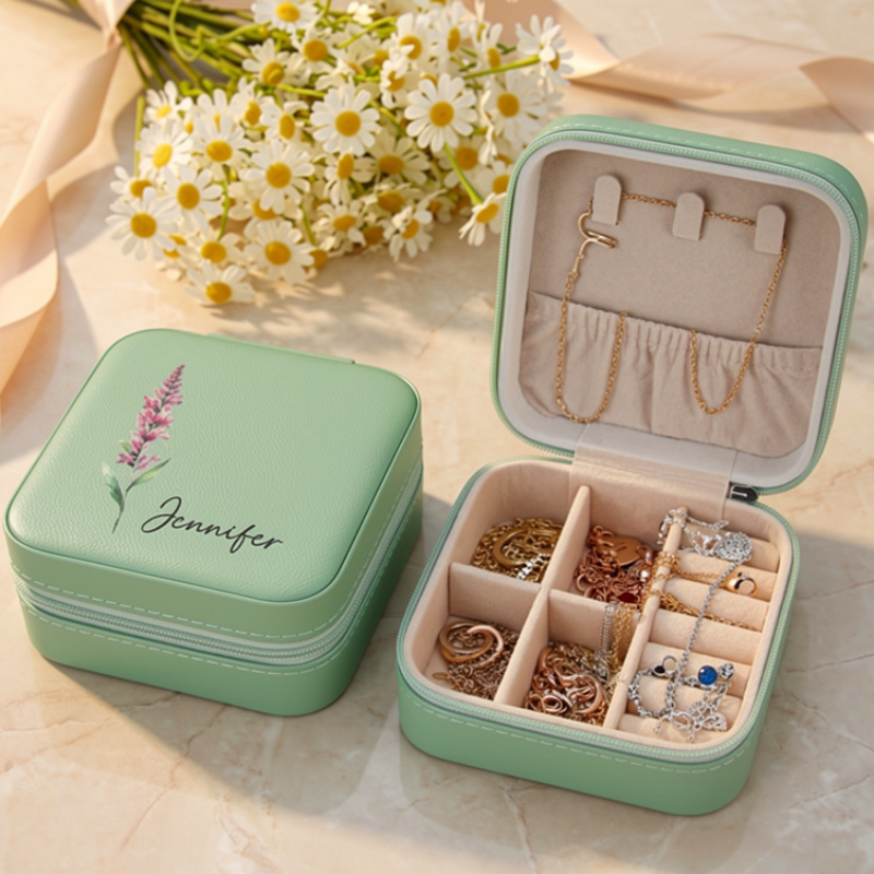 Custom Birth Flower Jewellery Box – Personalized Leather Travel Jewellery Organizer