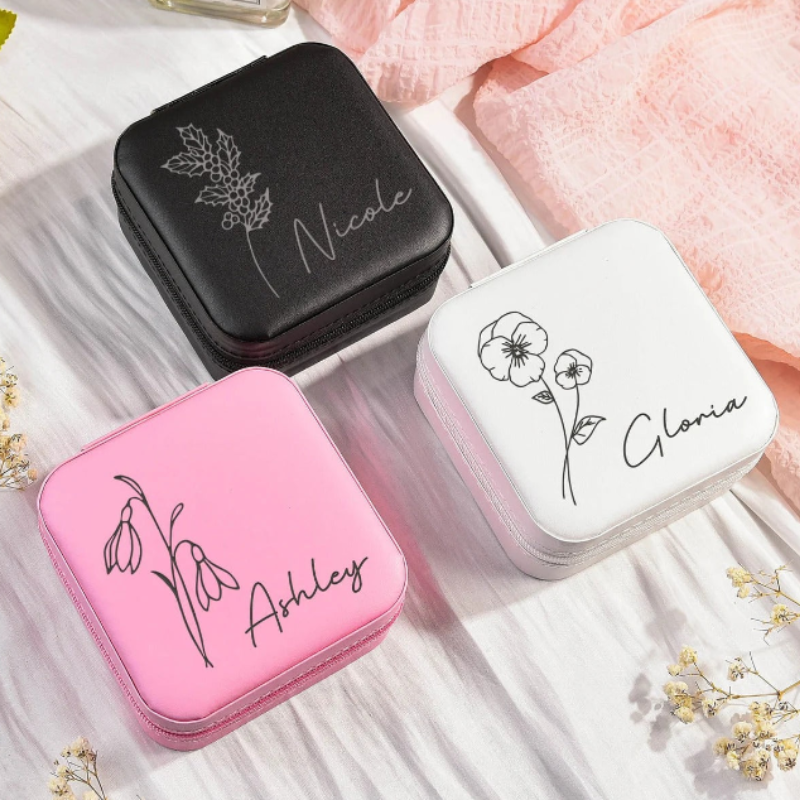 Customised Jewellery Box - Mini Travel Jewellery Box - Birthday Flower Print + Name (Random color)