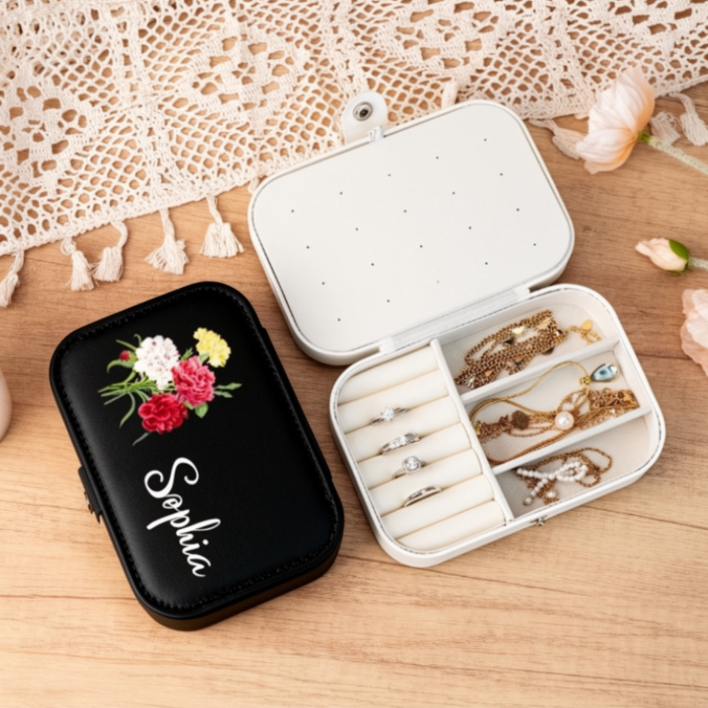 Customised Jewellery Box – Large Capacity Jewelry Organizer with Birthday Flower Print & Name
