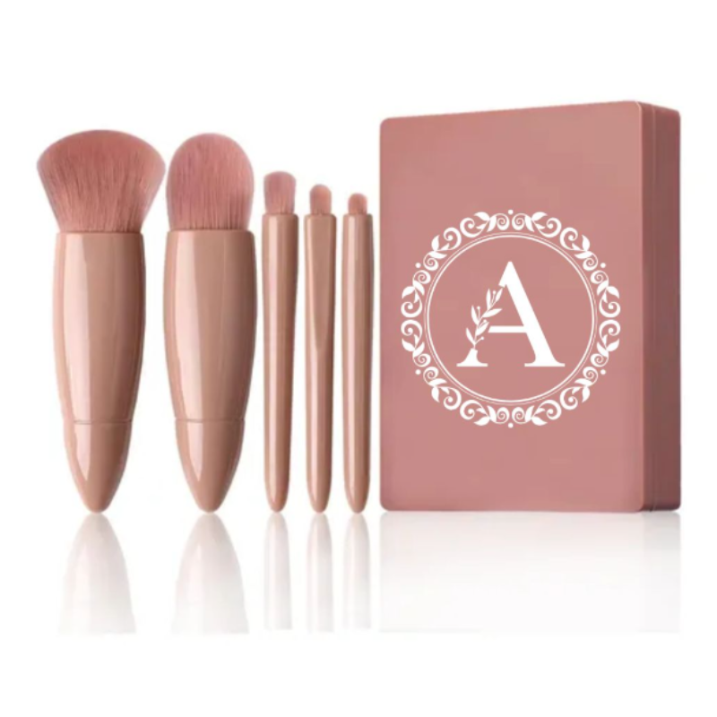 Customized Initial Alphabet 5-in-1 Mini Travel Makeup Brush Set with Mirror Case