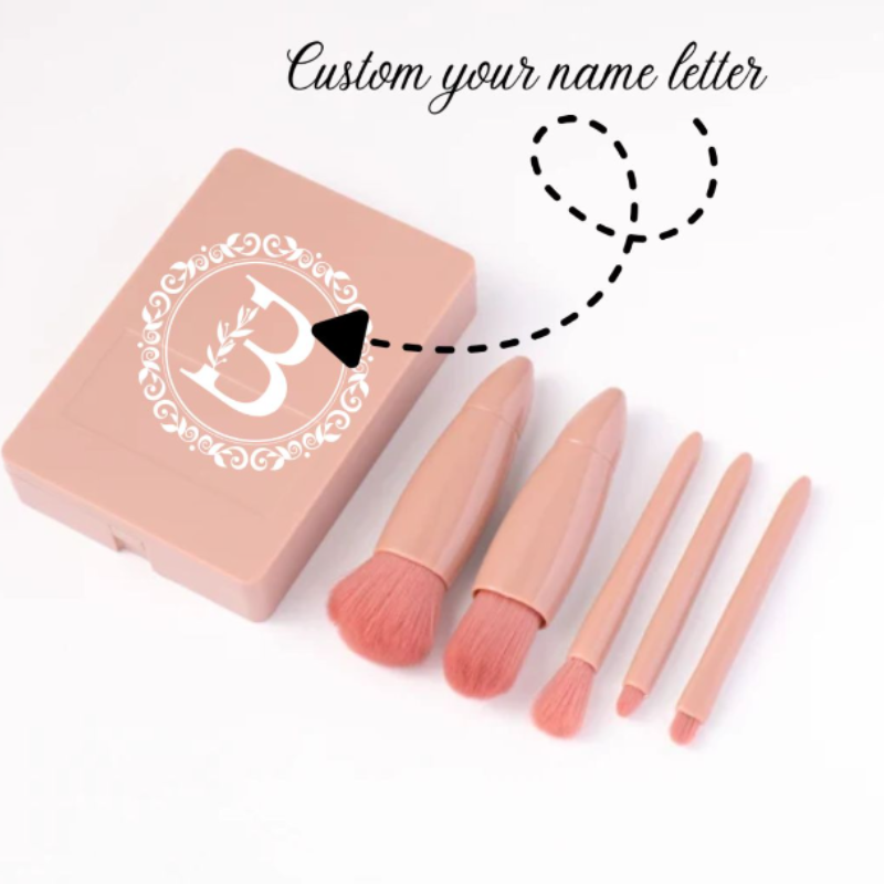 Customized Initial Alphabet 5-in-1 Mini Travel Makeup Brush Set with Mirror Case