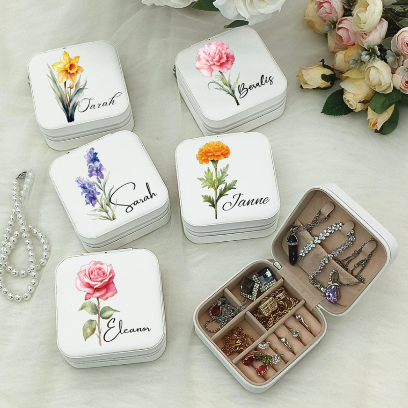 Customized Mini Jewelry Box with Your Name & Birth Month Flower Design – Personalized Travel Jewelry Organizer