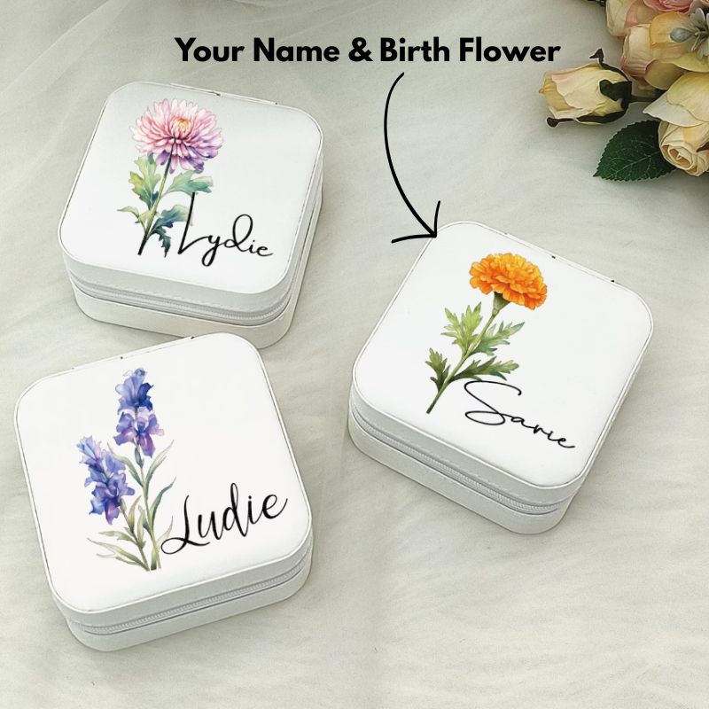 Customized Mini Jewelry Box with Your Name & Birth Month Flower Design – Personalized Travel Jewelry Organizer