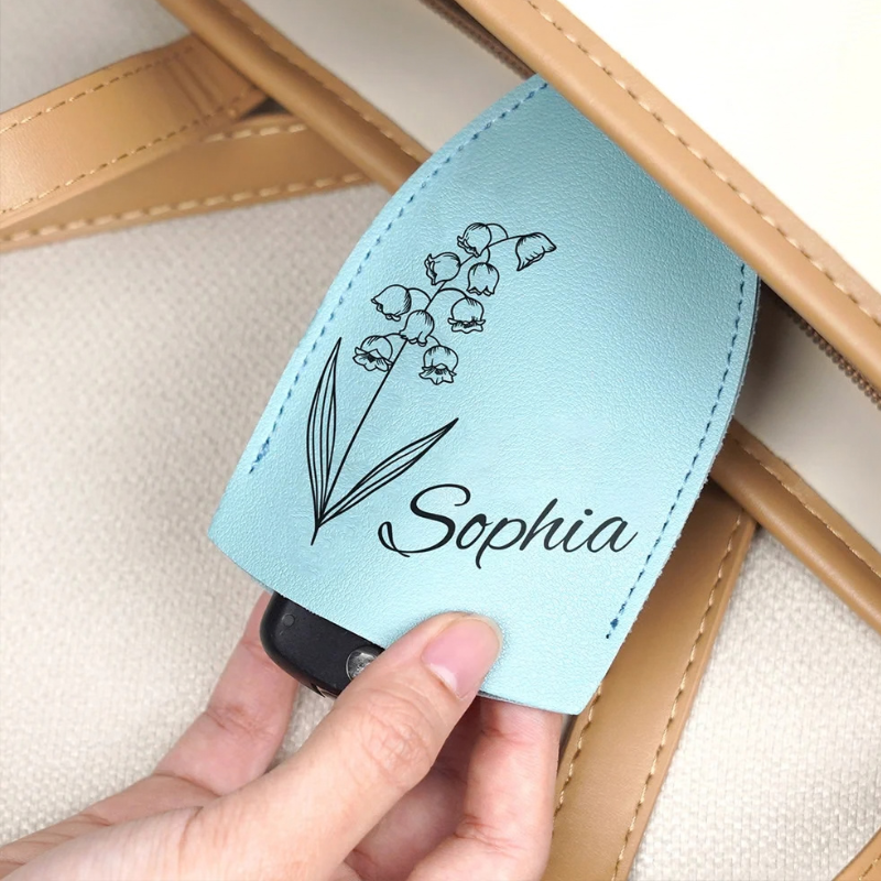 Customized Name Leather Key Cover with Flower Design – Personalized Key Protector (Random flower print with your name)