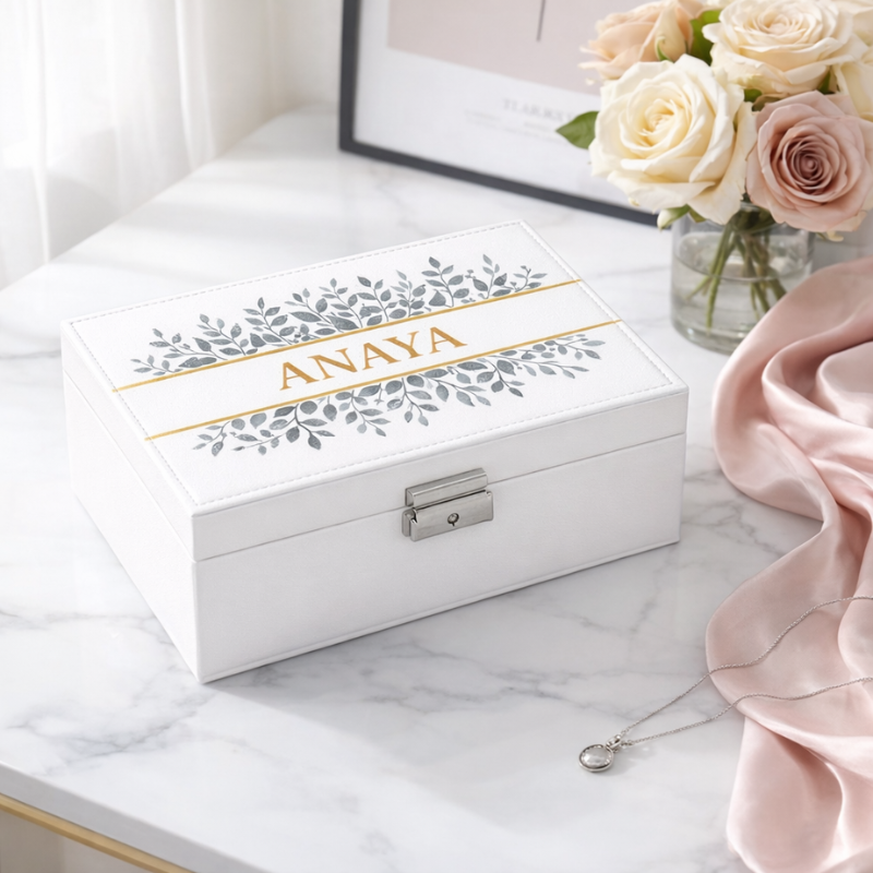 Customized Name Print Floral Jewellery Organiser – PU Leather Zipper Portable Storage Box with Divider