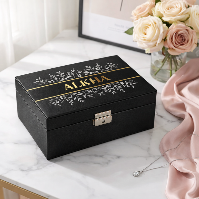 Customized Name Print Floral Jewellery Organiser – PU Leather Zipper Portable Storage Box with Divider