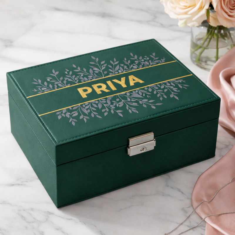 Customized Name Print Floral Jewellery Organiser – PU Leather Zipper Portable Storage Box with Divider