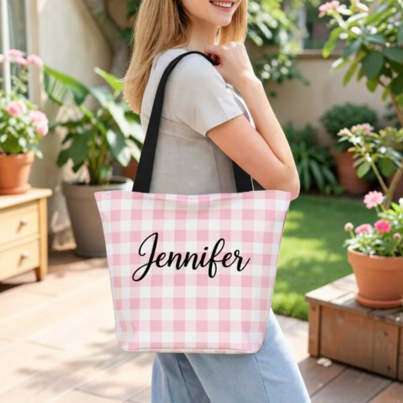 Customized Name Printed Canvas Aesthetic Tote Bag – Pink Reusable Shoulder Bag for Shopping, College & Daily Use | Personalized Stylish Carry Bag