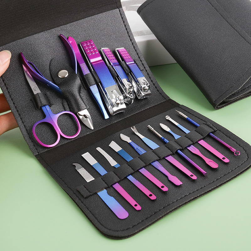 Personalized Rainbow Manicure & Pedicure Set of 16 Pcs - Stainless Steel Nail Care Kit with Personalized Name & Heart Design Case