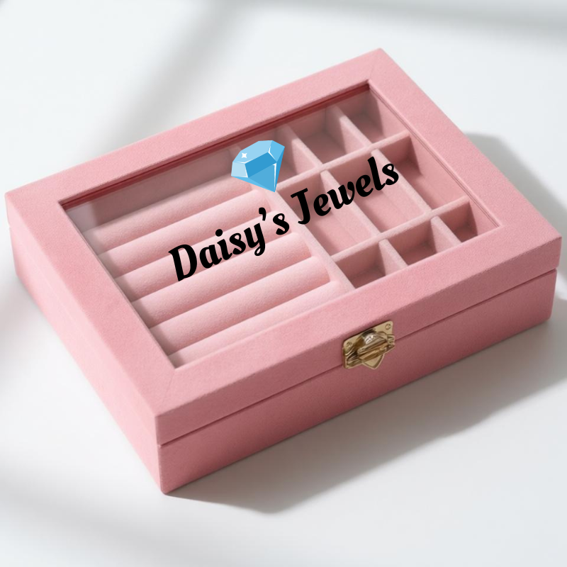 Customized Velvet Jewelry Organizer Box with Clear Glass Lid – Custom Name with Diamond shape print Storage Case
