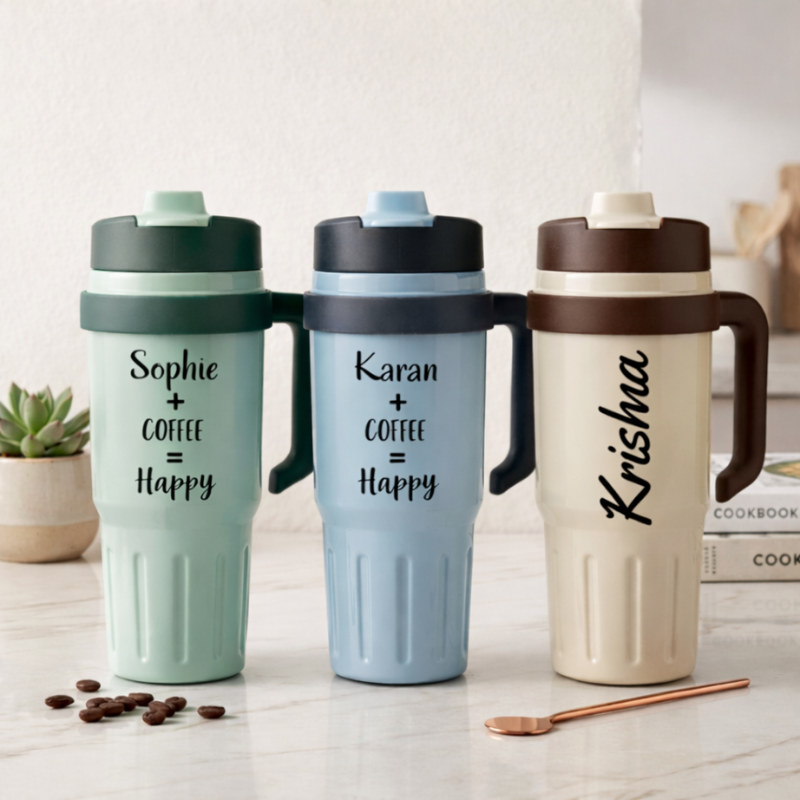 Customized 800ml Stainless Steel Tumbler with Name – Travel Mug with Handle | Personalized Drink Tumbler (Random Color-Pack of 1)