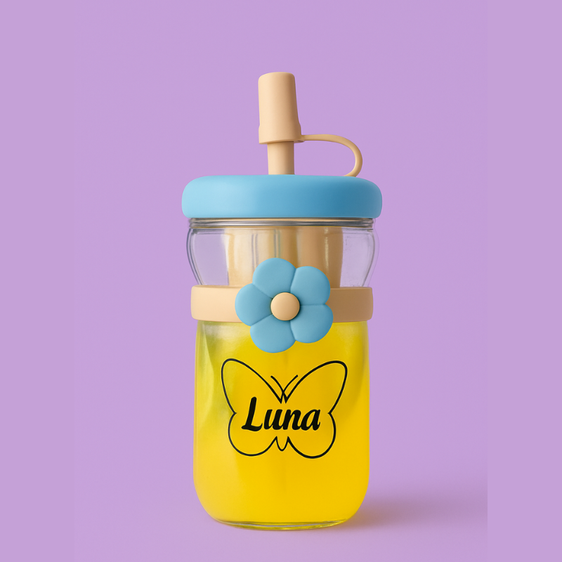 Customized Glass Sipper Bottle – Custom Name with Butterfly Design (Random Color-Pack of 1)