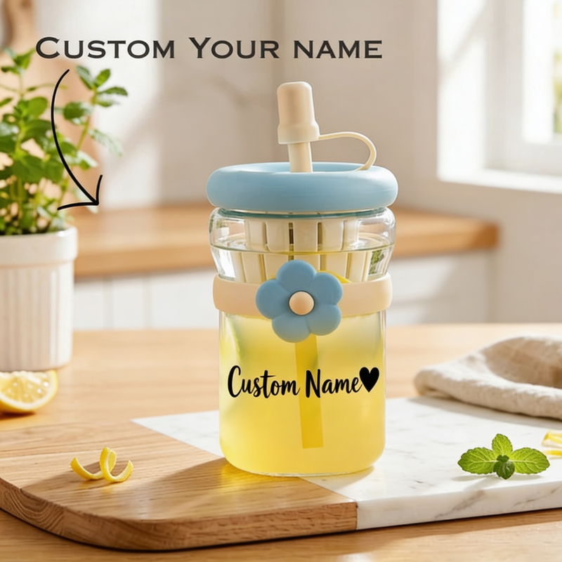 Customized Glass Sipper Bottle with Name & Heart Design – Personalized Transparent Water Bottle with Straw | Cute Gift for kids (Random Color-Pack of 1)
