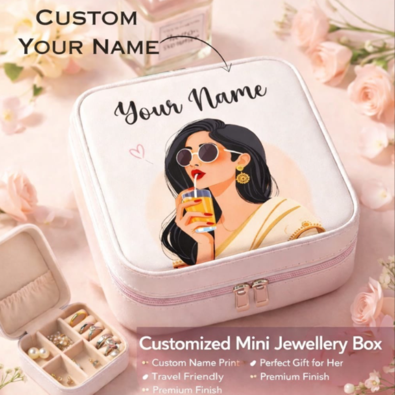 Customized Mini Jewellery Box with Custom Your Name – Personalized Travel Jewelry Organizer for Women (Random color)