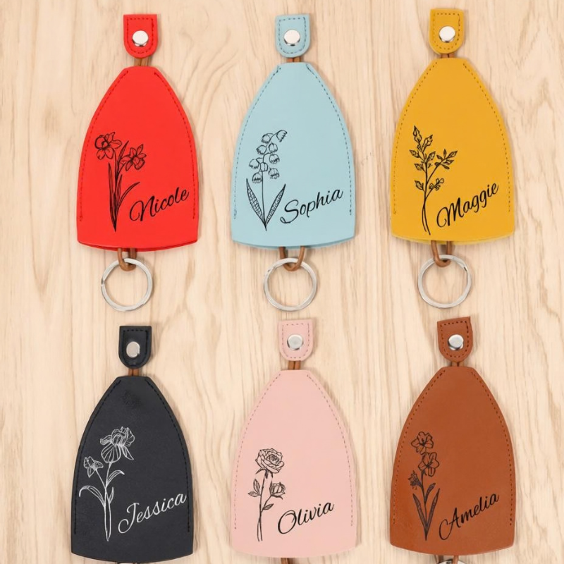 Customized Name Leather Key Cover with Flower Design – Personalized Key Protector (Random flower print with your name)