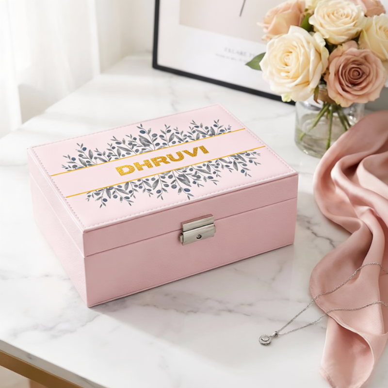 Customized Name Print Floral Jewellery Organiser – PU Leather Zipper Portable Storage Box with Divider