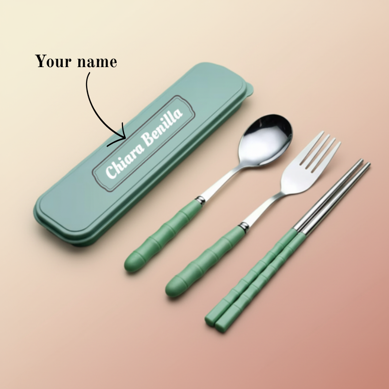 Customized Name Stainless Steel Tableware Set with Case – Reusable Cutlery Set
