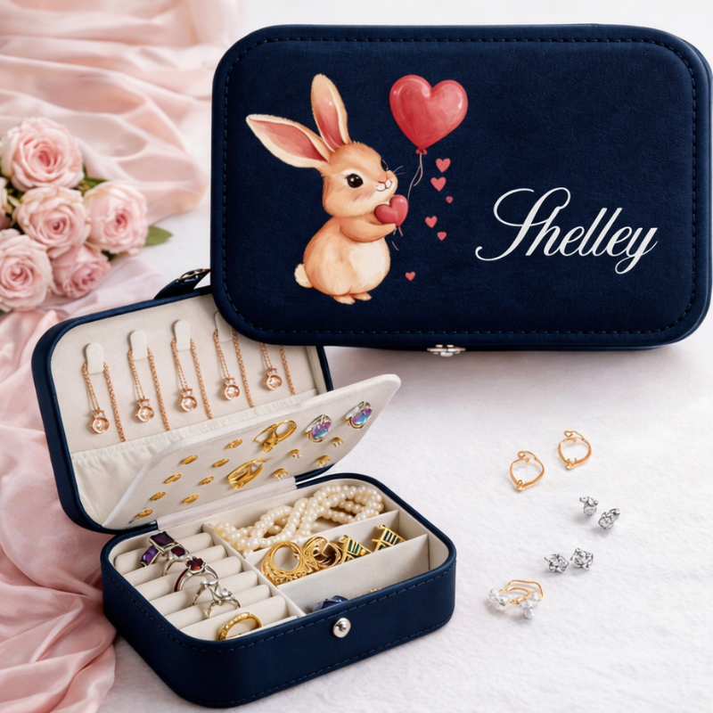 Customized Rabbit Design Faux Leather Jewelry Box with Name – Personalized Cute Travel Jewelry Organizer (Random Box-Pack of 1)