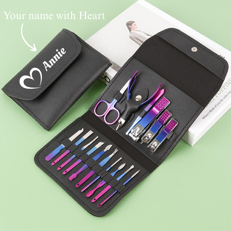 Personalized Rainbow Manicure & Pedicure Set of 16 Pcs - Stainless Steel Nail Care Kit with Personalized Name & Heart Design Case