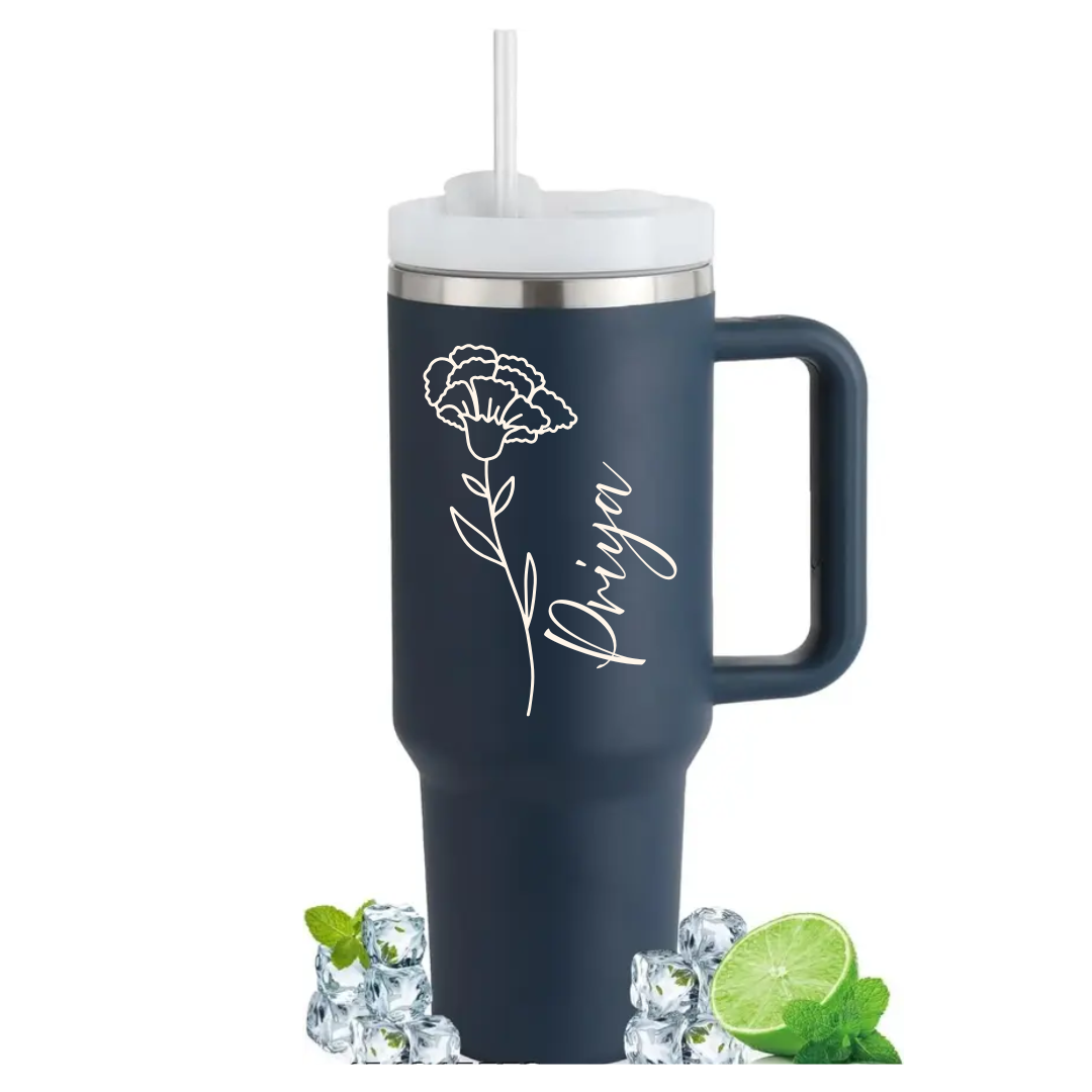 Customized 40oz Tumbler with Handle & Straw, Personalized with Name and Birth Flower