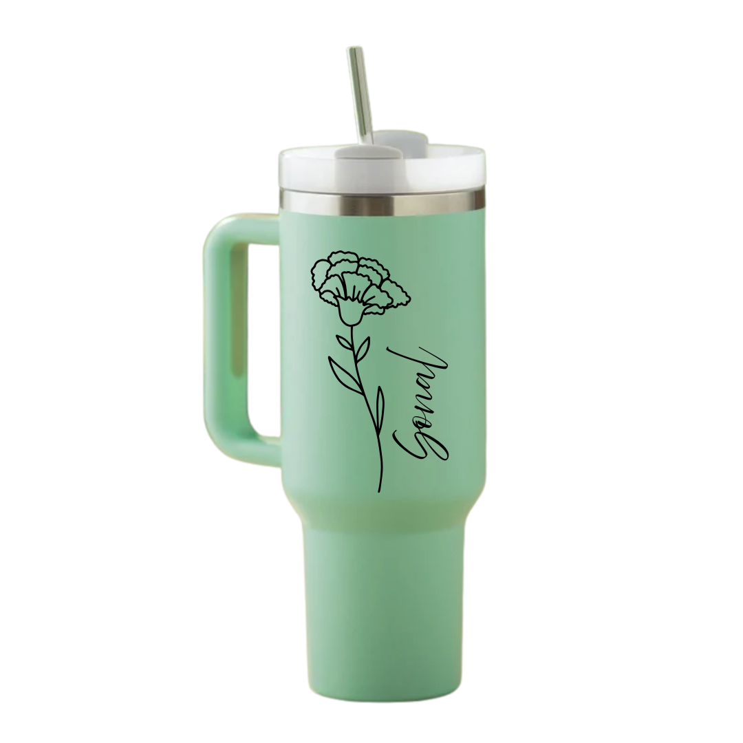 Customized 40oz Tumbler with Handle & Straw, Personalized with Name and Birth Flower