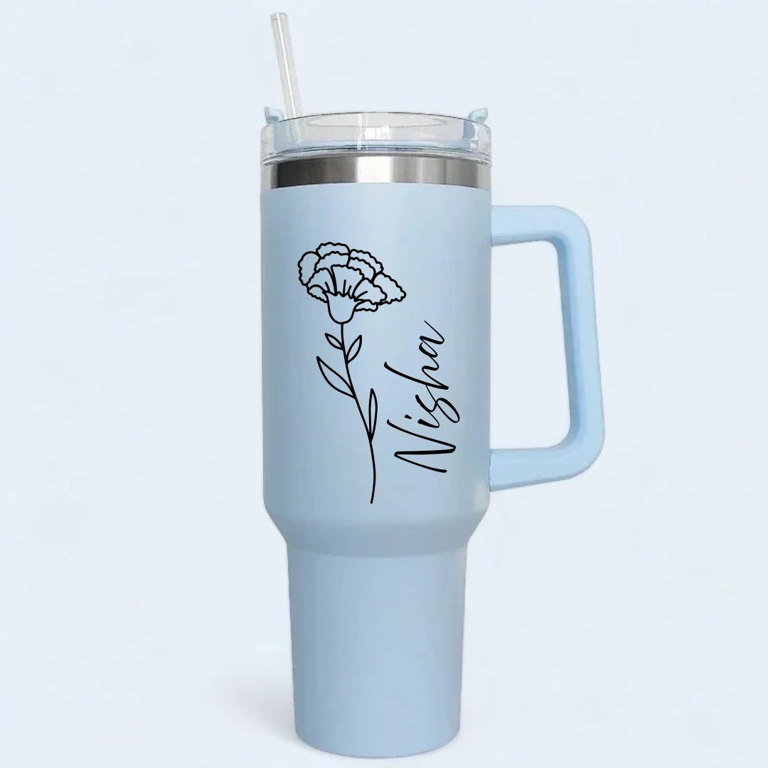 Customized 40oz Tumbler with Handle & Straw, Personalized with Name and Birth Flower