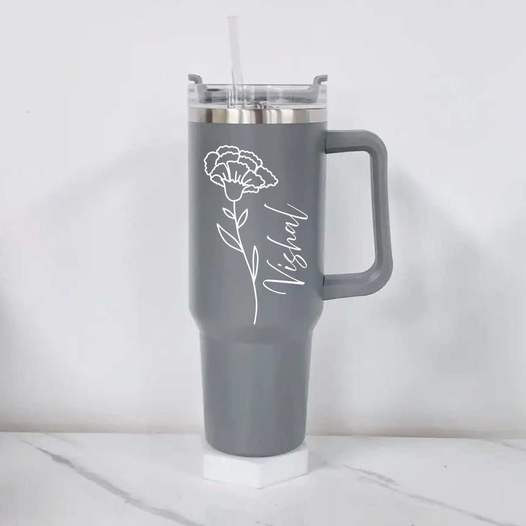 Customized 40oz Tumbler with Handle & Straw, Personalized with Name and Birth Flower