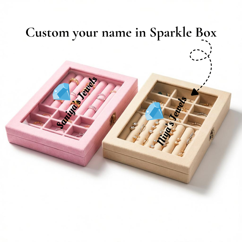 Customized Velvet Jewelry Organizer Box with Clear Glass Lid – Custom Name with Diamond shape print Storage Case