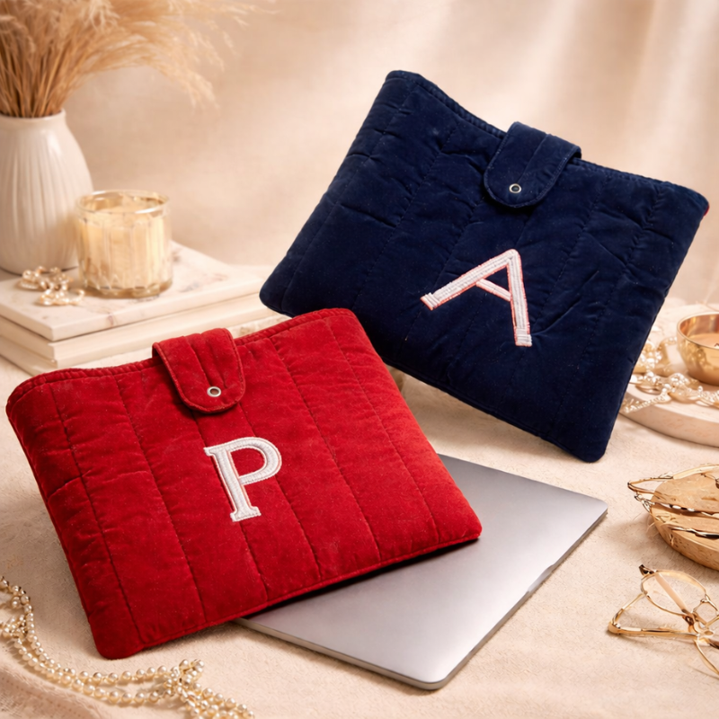 Customized Velvet MacBook / Book Cover Sleeve with Your Initial in Embroidered Pearl Work – Soft Protective Laptop & Notebook Cover | Dustproof & Scratch Resistant Pouch