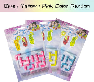Three packs of DIY crazy straws with blue, yellow, or pink connectors are shown. Kids are pictured using them.crazy straws, DIY straws, party straws, novelty straws, drinking straws.